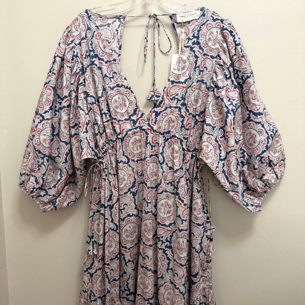 NWT Mango x Chufy Soller Boho Maxi Tiered Dress Puff Sleeve Tassel Blue Red 4 - Picture 6 of 16